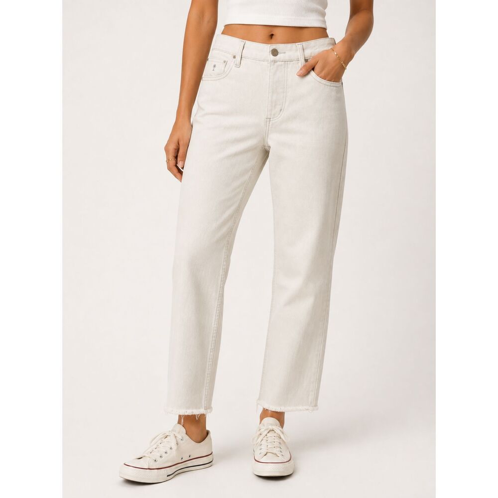 Thrills Paige Mid Rise Cream Straight Leg Jeans Raw Hem Organic Cotton US 4